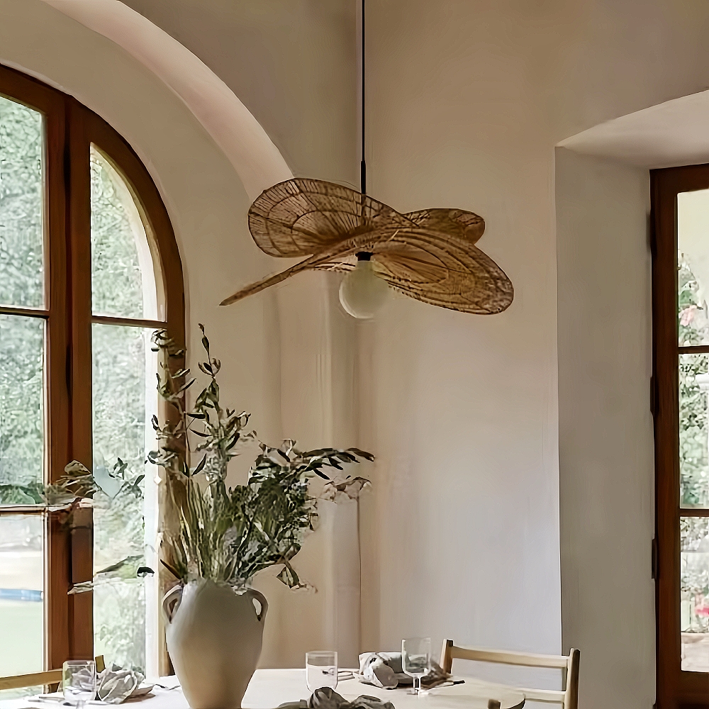 New Chinese Style Retro Rattan Art Double Layered Straw Hat Pendant Light