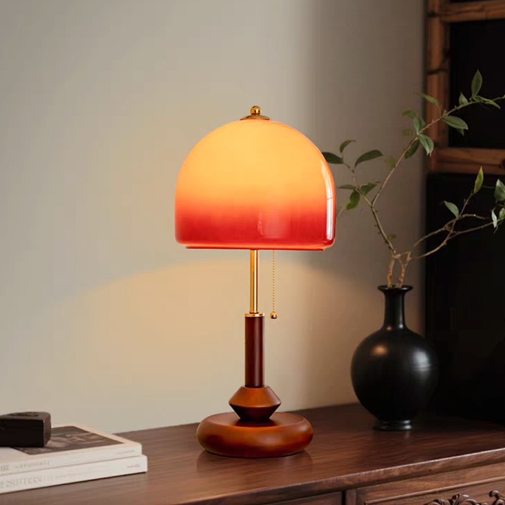 Vintage Glass-Decorated Solid Wood Sunset Table Lamp