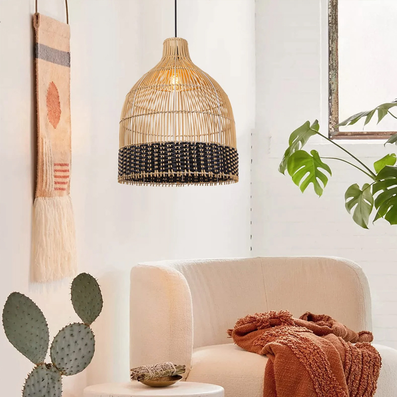 Hand Woven Black Rattan Pendant Lamp Shades Dining Room New Light Fixture