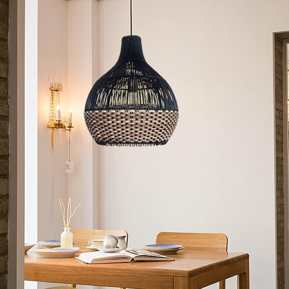 Black Rattan Wicker Chandelier For Kitchen Island Dining Room Living Room Woven Pendant Light Fixture