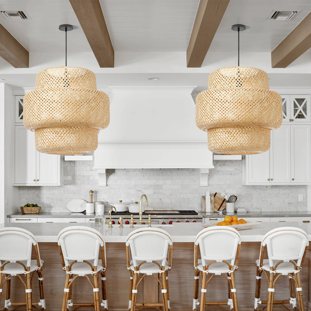 Natural wicker bamboo pendant light fixture restaurant dining room decor lamp shade