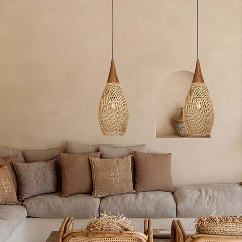 Wabi-sabi Retro Living Room Rattan Pendant Light Solid Wood Restaurant Lampshade