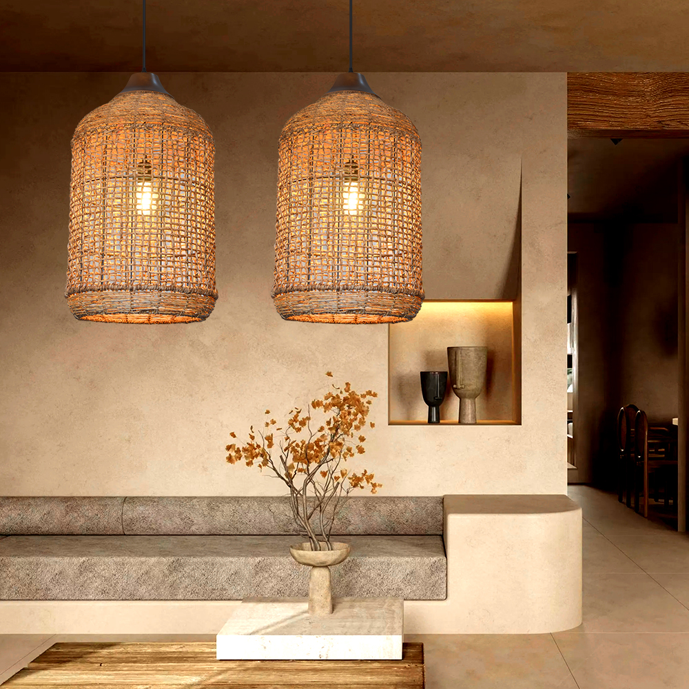 Oversize Wabi-sabi Kitchen Island Light Large Rattan Pendant Light Fixtures