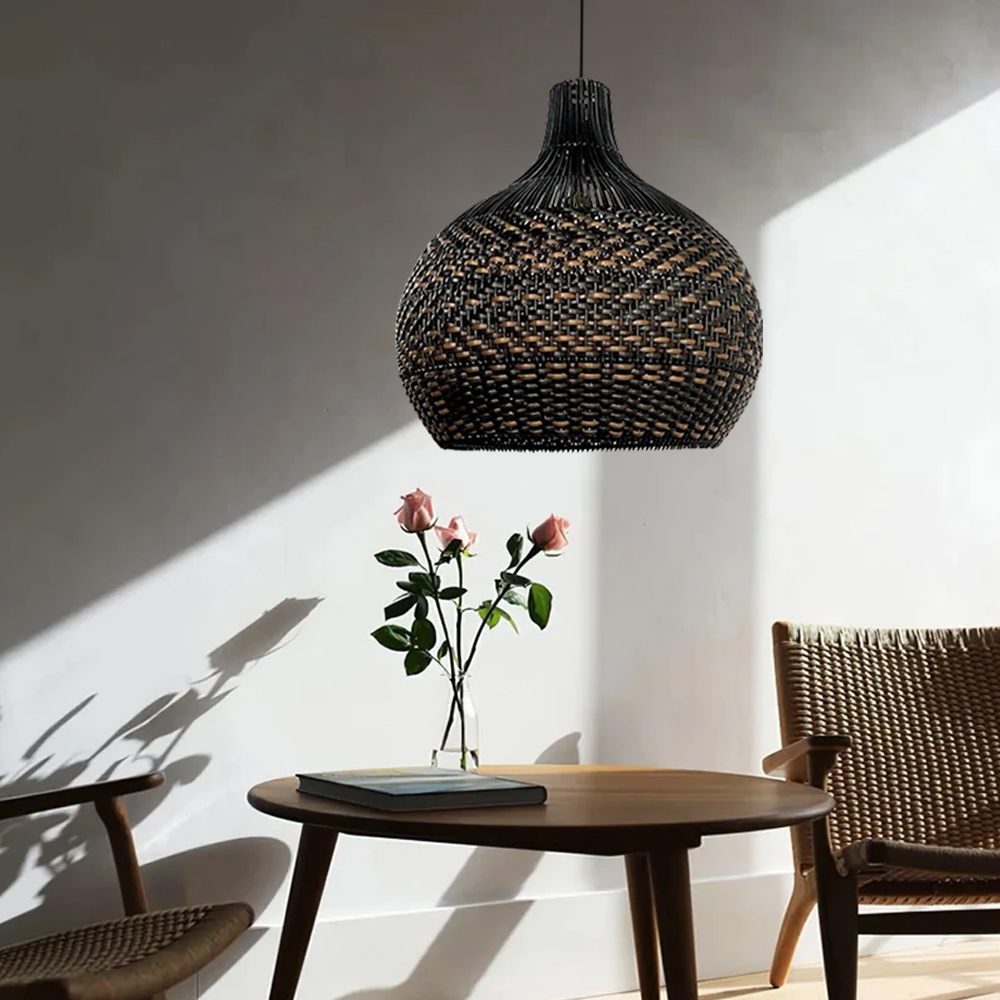 Royal Noble Black Rattan Pendant Light Fixture Dining Room Lampshade