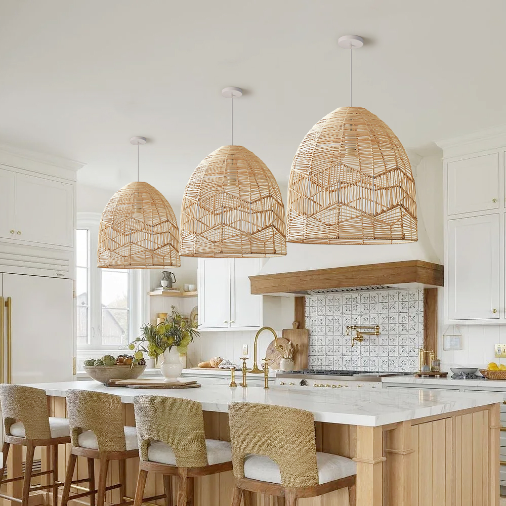 Boho ceiling light fixture farmhouse natural hand woven rattan pendant lamp shade