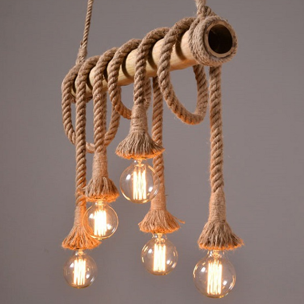 American Retro Bamboo Tube Hemp Rope Chandelier Creative Pendant Light