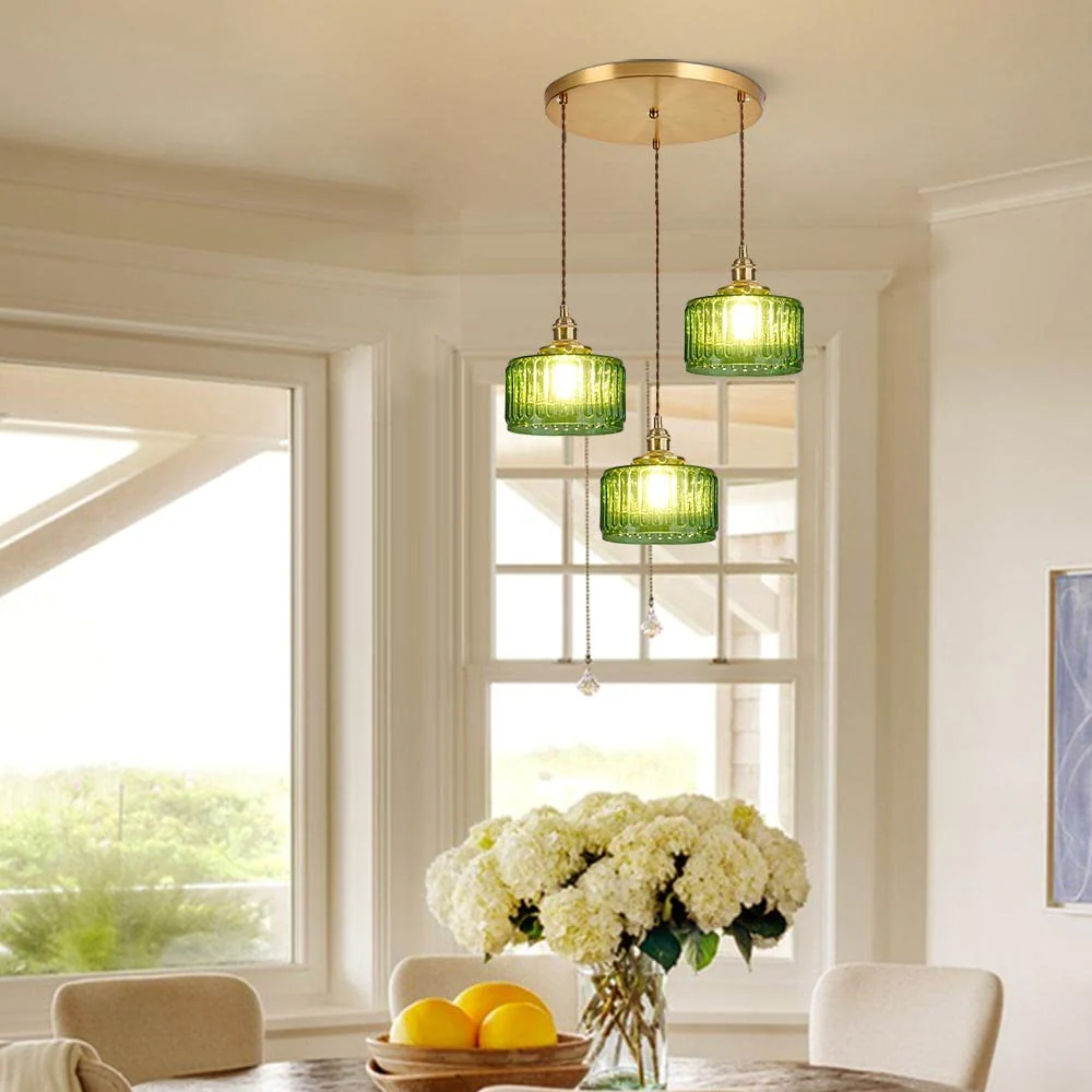 Classic Vintage Green Glass Pendant Light Cylinder Wavy Small Light Fixture
