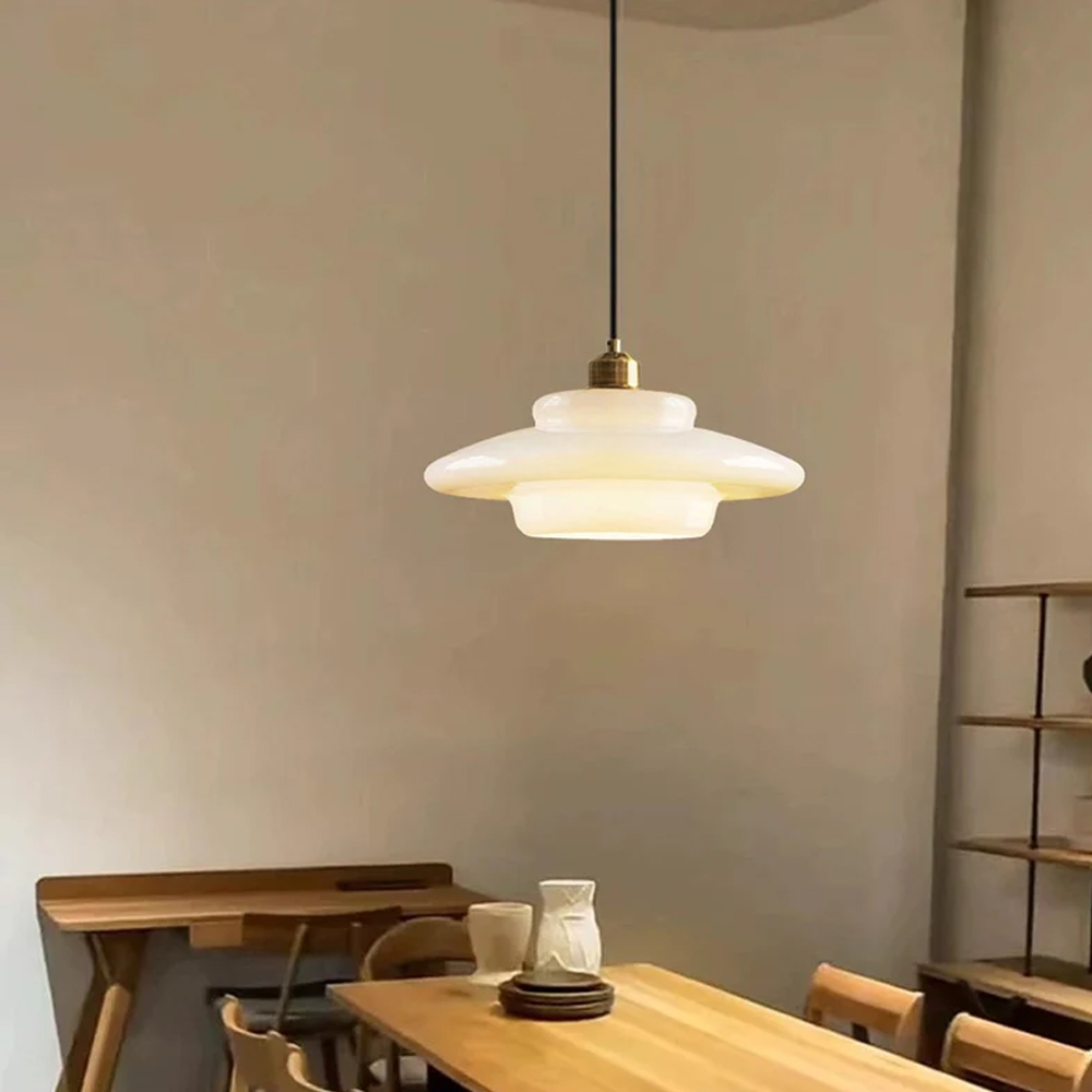 Mid-century Modern Glass Chandelier Multi-Layered Milk White Pendant Light