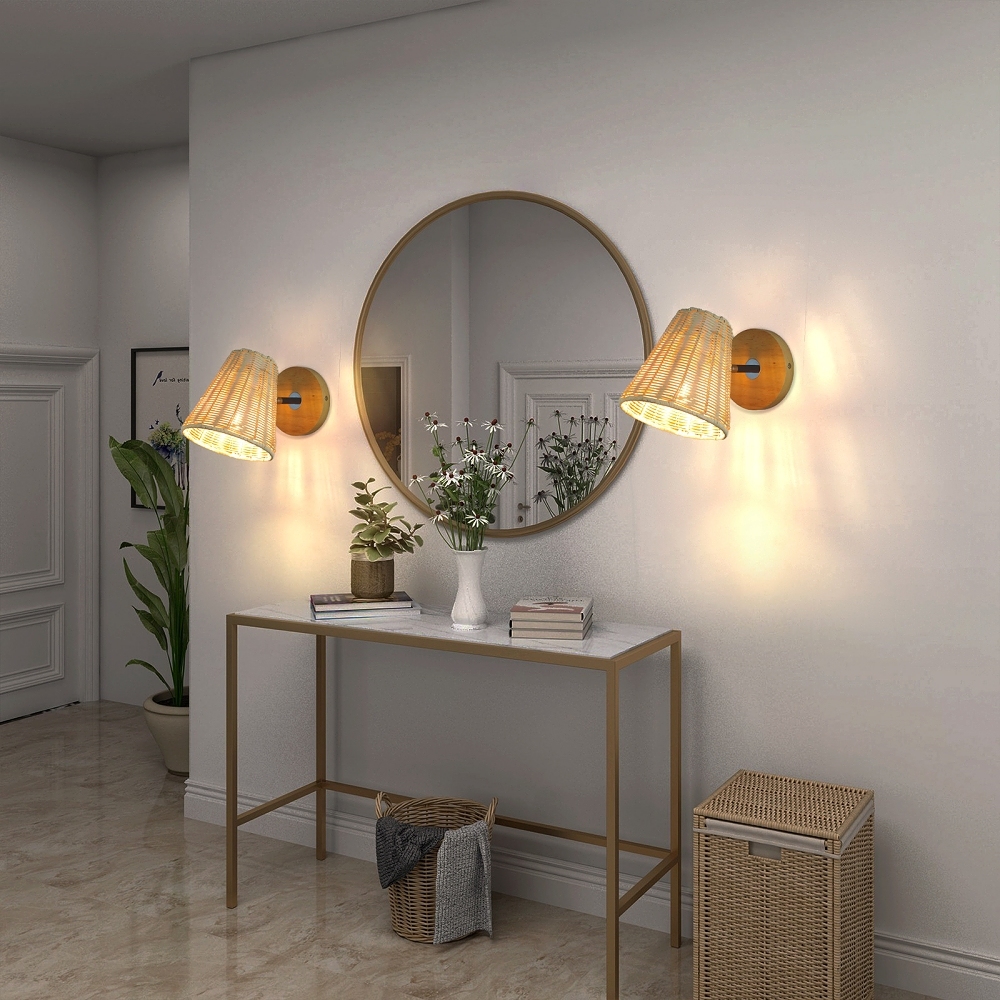 Japanese Style Simple Rattan Woven Bedside Wall Lamp