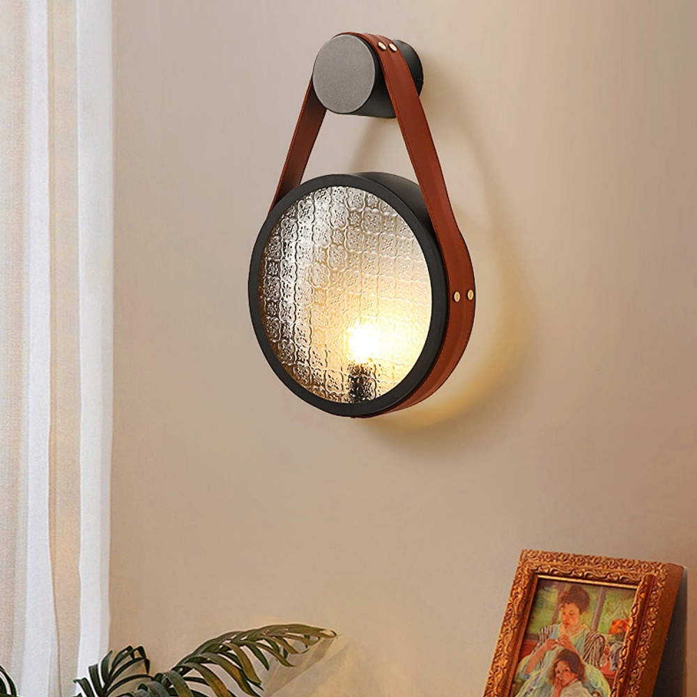 Wabi Sabi Style Retro Walnut Wood Grain Glass Hanging With Wall Lamp