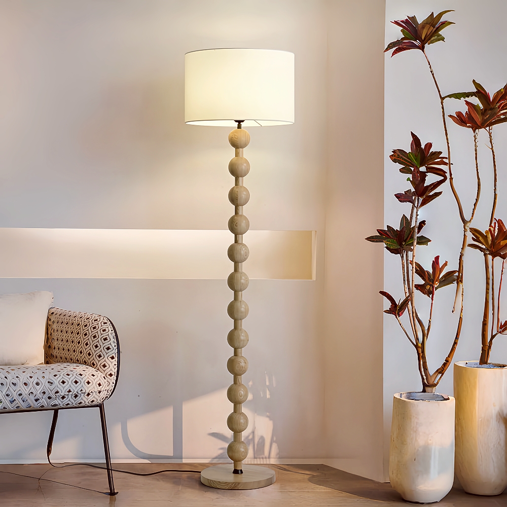 Retro White Wax Wood Fabric Lampshade Bedroom Floor Lamp