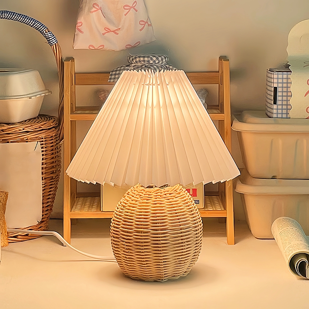 Nordic Style Retro Fabric Pleated Lampshade Rattan Woven Small Table Lamp