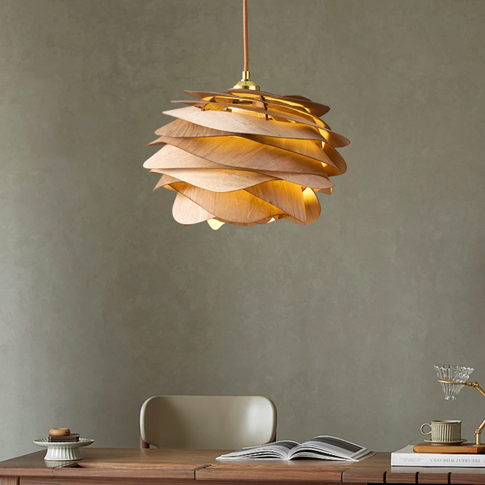 Wabi Sabi Artisanal Retro Rose Shape Solid Wood Pendant Light