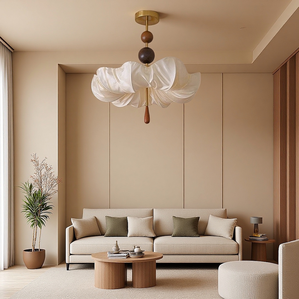 Retro Cream Aesthetic Restaurant Semi-Flush Mount Fabric Flower Ceiling Light