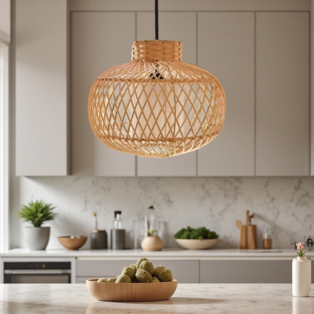 Boho Living Room Rattan Hanging Lighting Fixture Handmade Natural Pendant