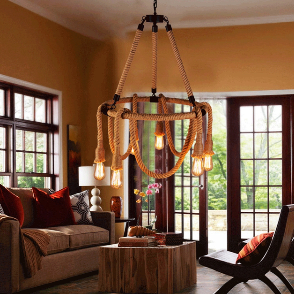 Vintage Industrial Hemp Rope Chandelier Restaurant & Coffee Shop Decor