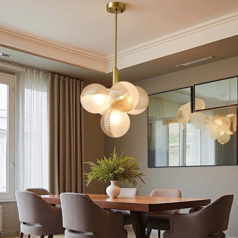 Contemporary Sculptural Ribbed Glass Globe Chandelier Brass Finish