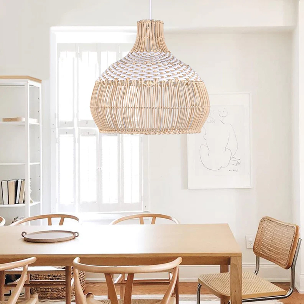 White Handwoven Rattan Pendant Light Woven Lampshade Boho Home Decor