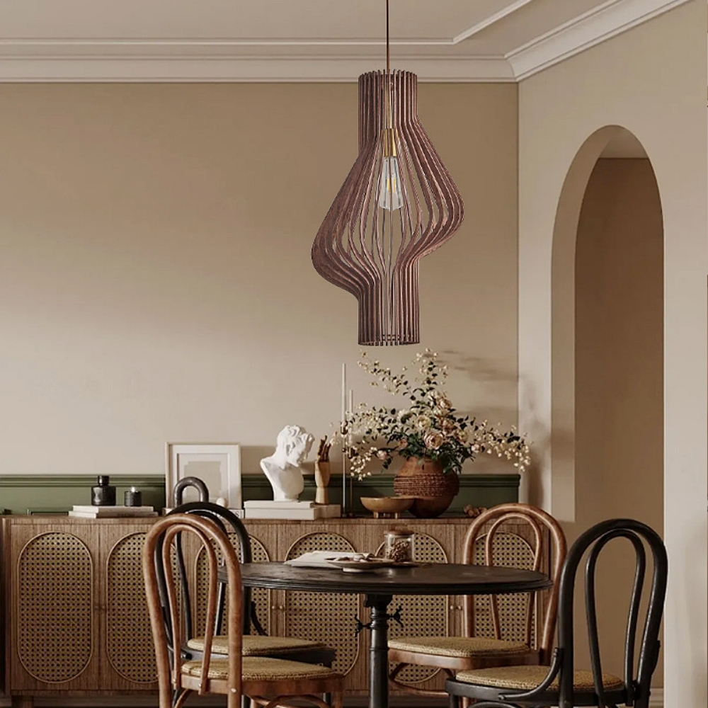 Mid-Century Curved Wood Slat Pendant Lamp