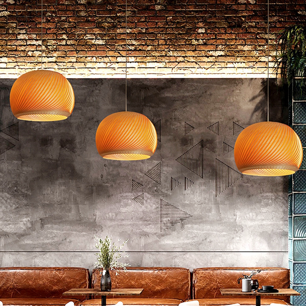 Spiral Wood Veneer Dome Pendant Light