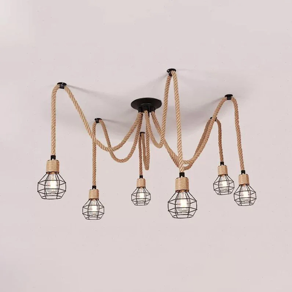 Spherical Cage Rope 6-Lights Brown Pendant Lighting Fixture
