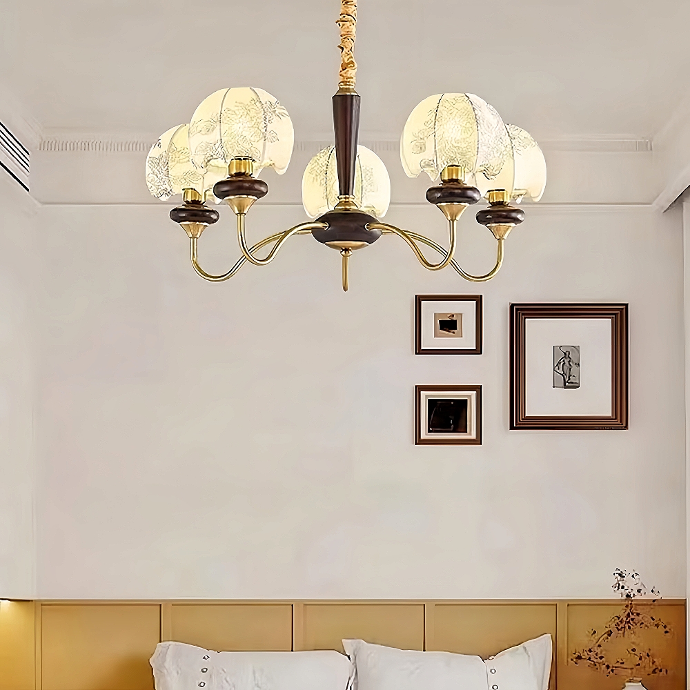 Nanyang Retro Style Fabric Patterned Walnut Multi Headed Pendant Light