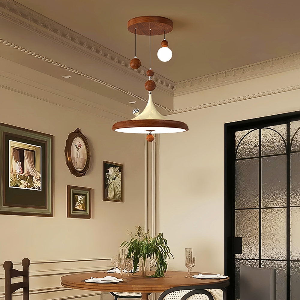 Retro Walnut Finish Creative Round LED Pendant Light 