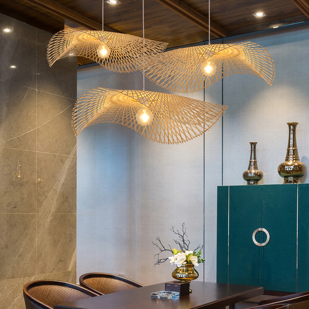 Hand Weaving Bamboo Lampshade Irregular Hat Shape Pendant Light