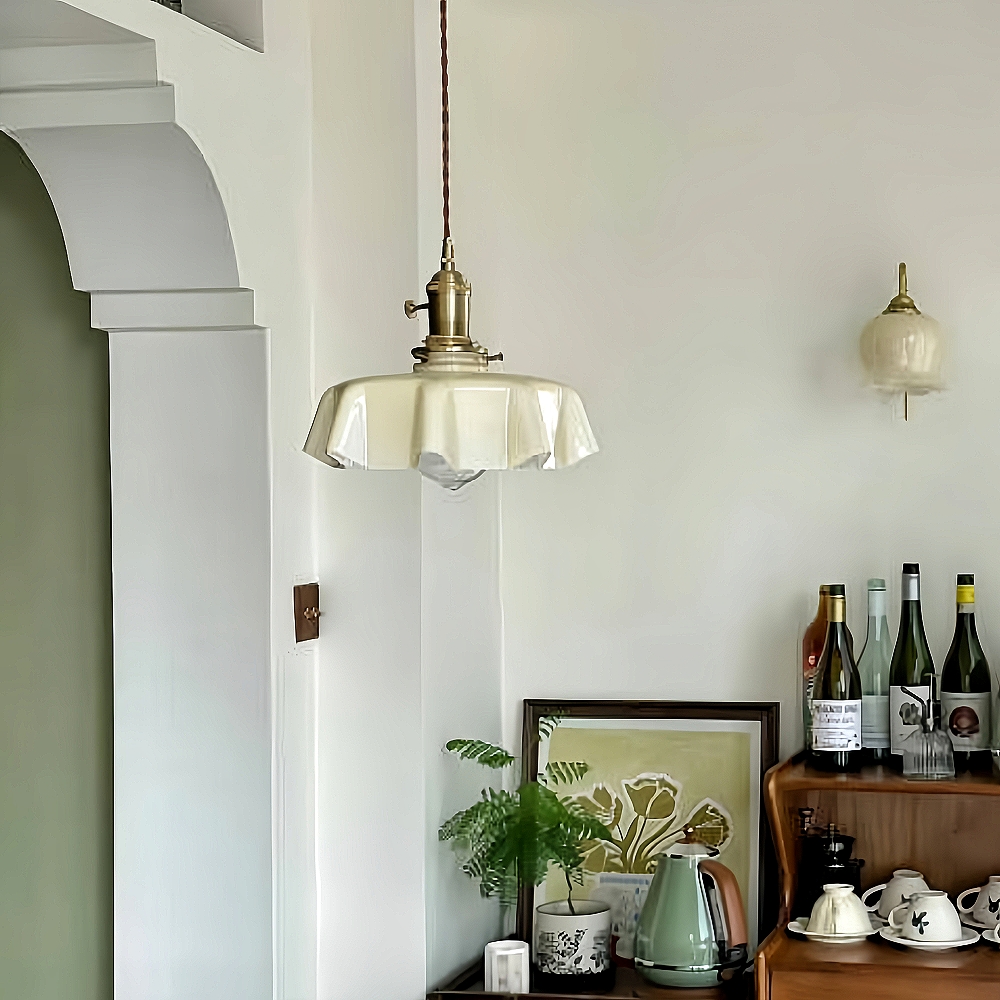 Vintage French Frilly Opaque Glass Pendant Light with ruffled draped shape