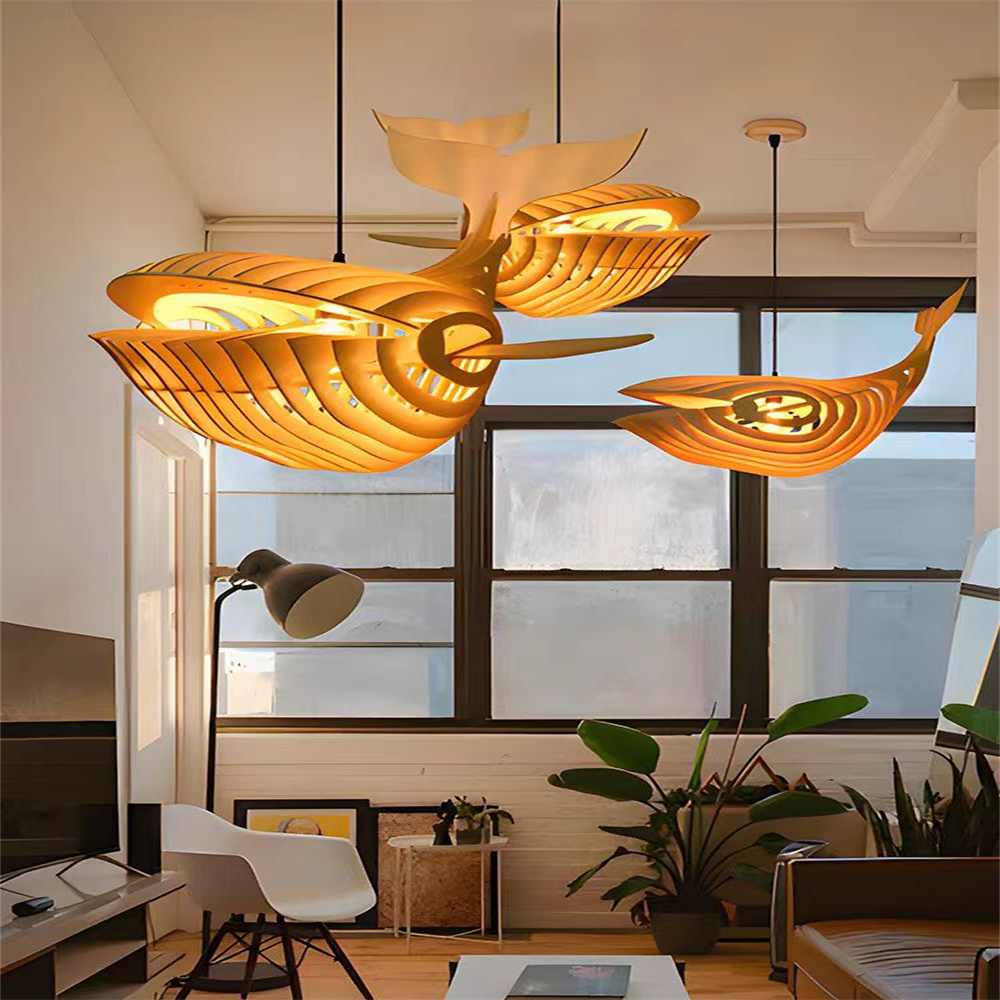Creative Solid Wood Whale Chandelier Personalized Decorative Fish Shaped Chandelier