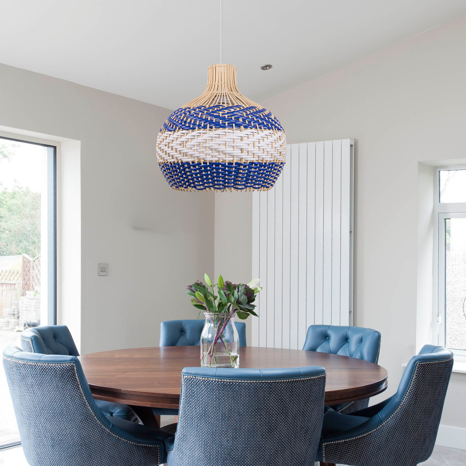 Japanese Style Army Blue Rattan Pendant Light For Dining Room