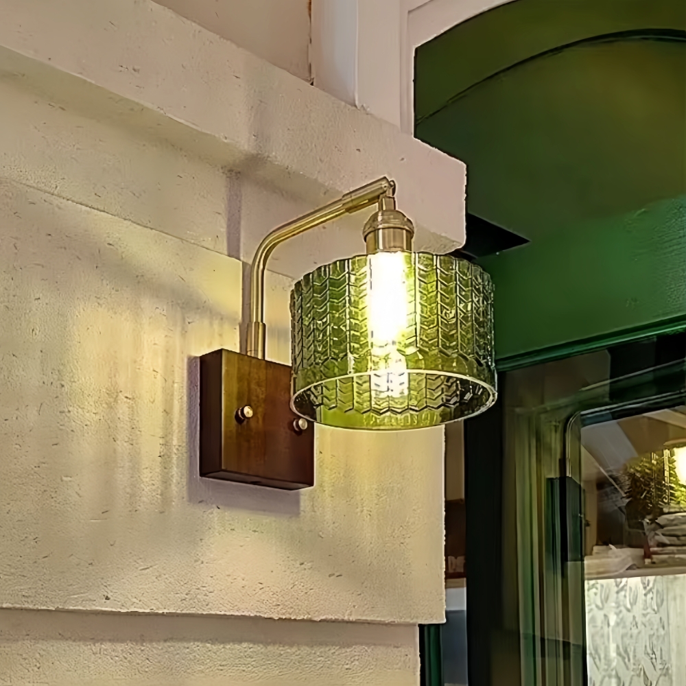 Japanese Retro Walnut Base Glass Brass Wall Lamp