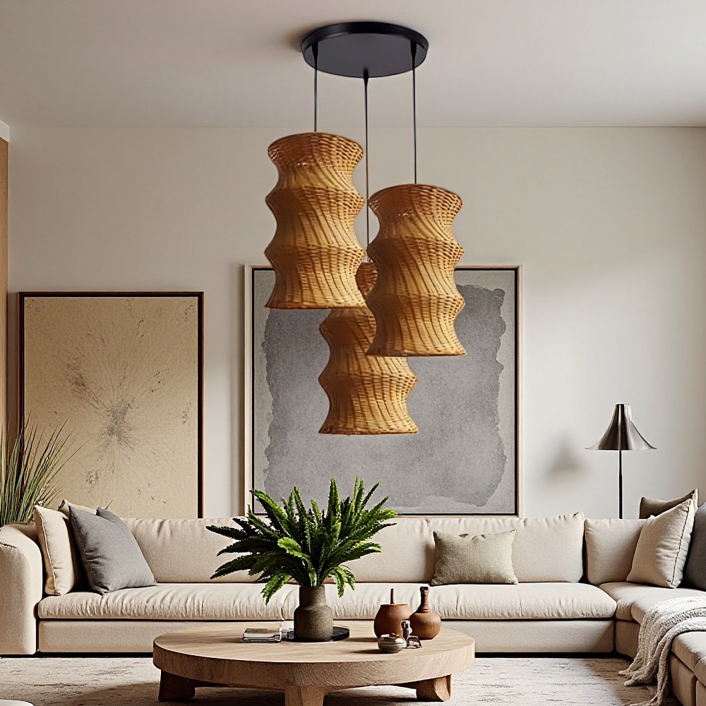 Artisanal Wabi-Sabi Rattan Wavy Column Pendant Light