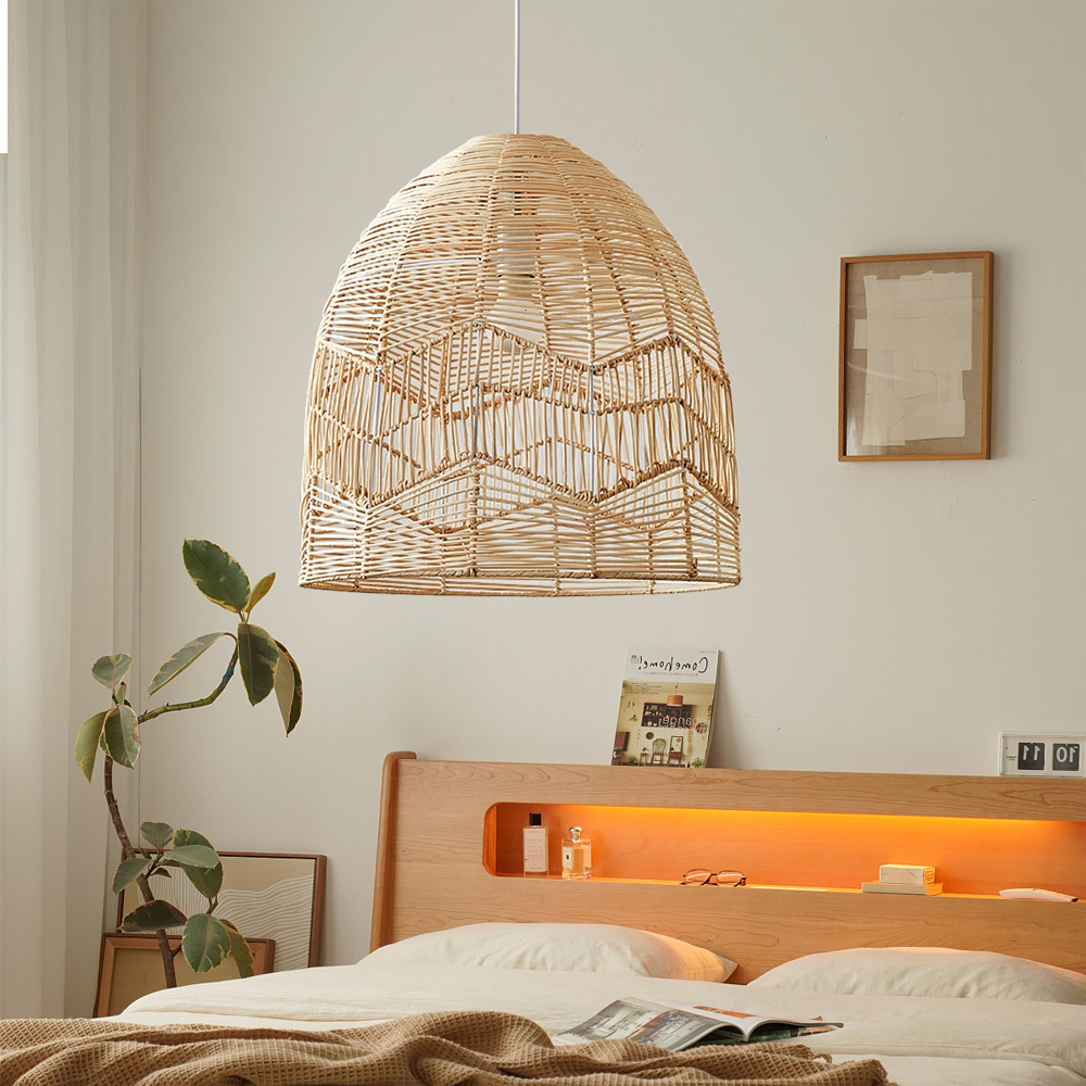 Boho ceiling light fixture farmhouse natural hand woven rattan pendant lamp shade