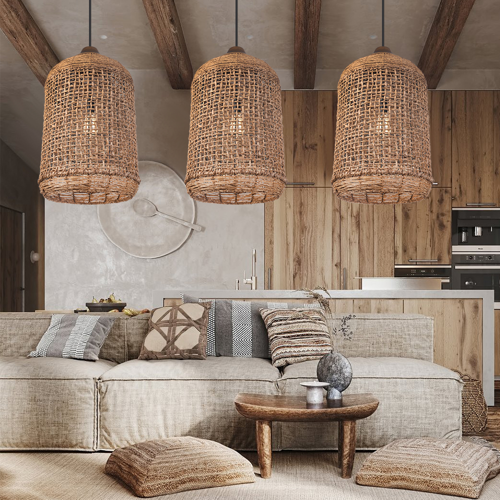 Oversize Wabi-sabi Kitchen Island Light Large Rattan Pendant Light Fixtures