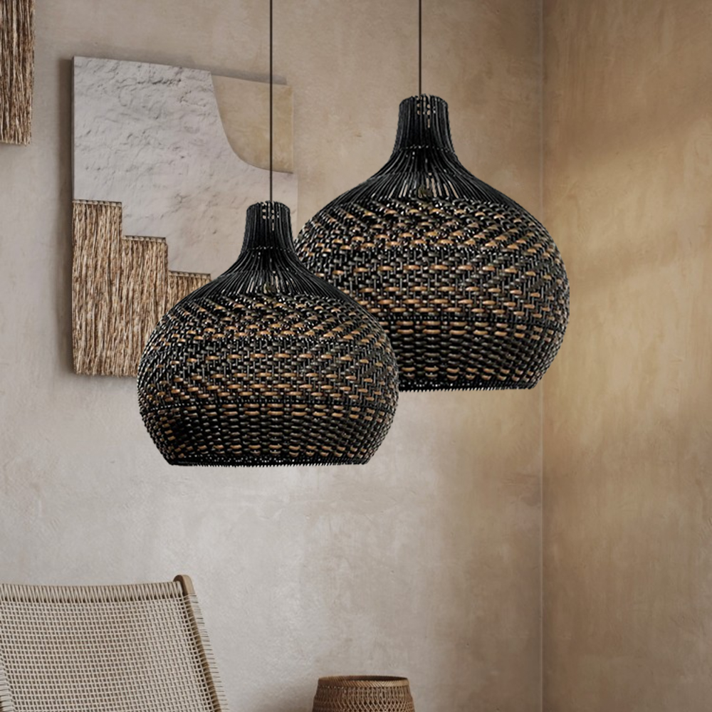 Royal Noble Black Rattan Pendant Light Fixture Dining Room Lampshade