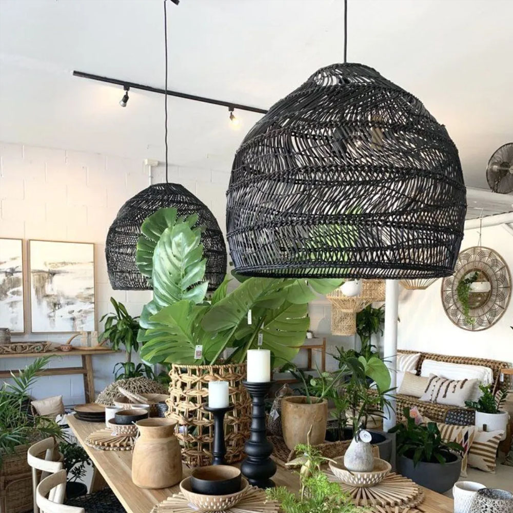 Bohemia Natural Rattan Woven Pendant Light Tatami Black Hanging Lamp Coastal Design
