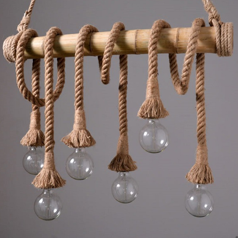 American Retro Bamboo Tube Hemp Rope Chandelier Creative Pendant Light