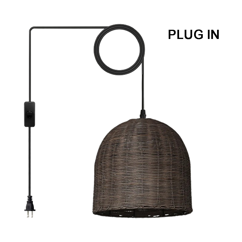 Wabi Sabi Style Dark Rattan Lampshade Retro Pastoral Restaurant Hand-woven Pendant Light