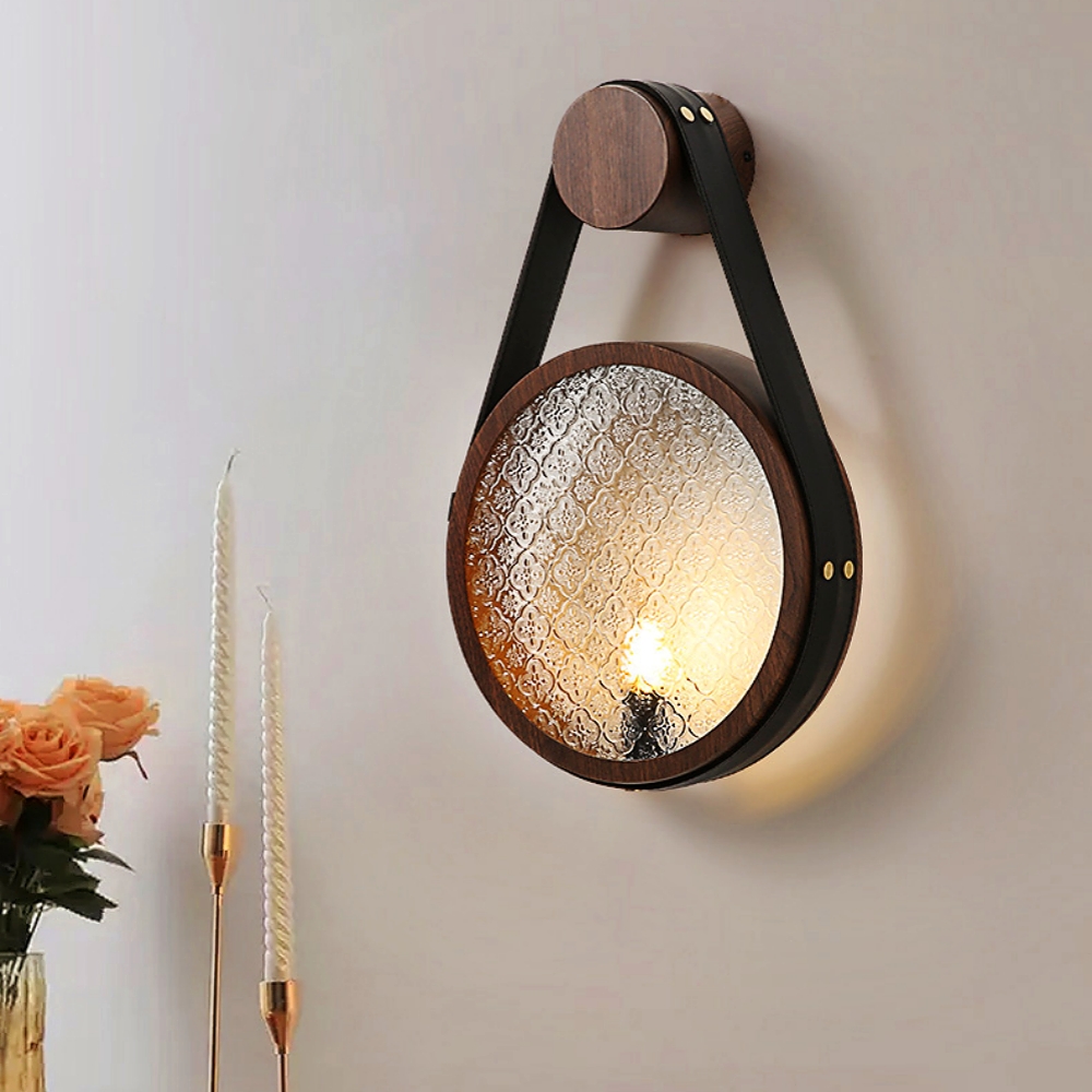 Wabi Sabi Style Retro Walnut Wood Grain Glass Hanging With Wall Lamp