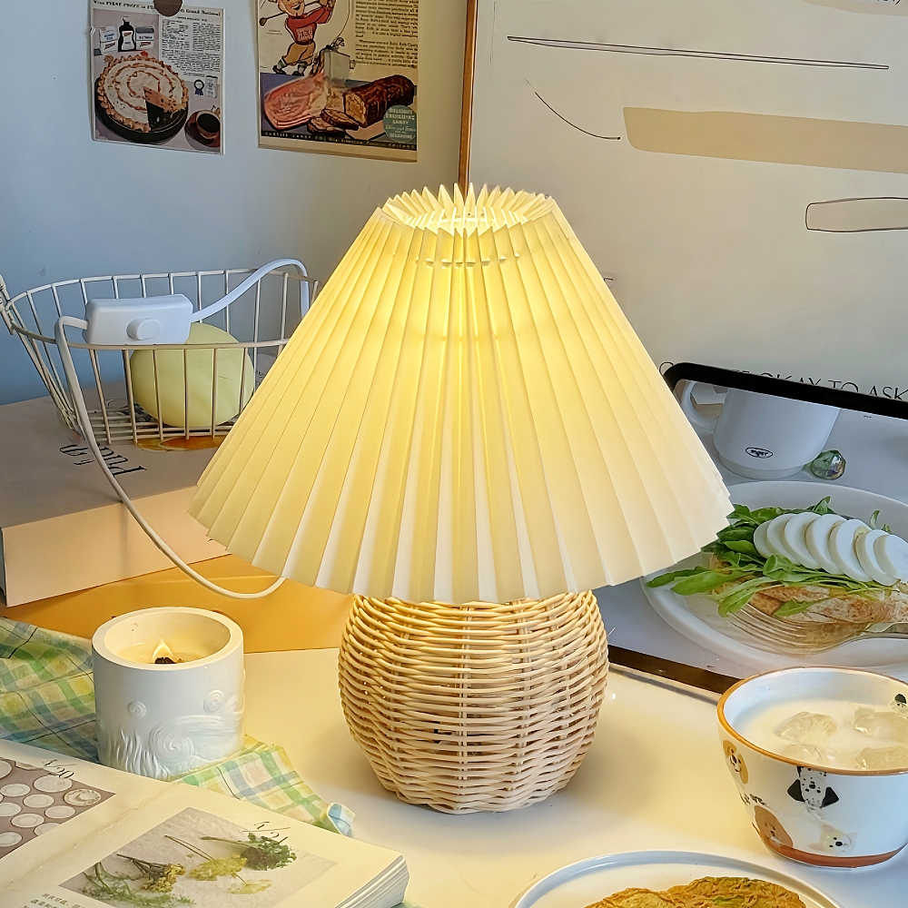 Nordic Style Retro Fabric Pleated Lampshade Rattan Woven Small Table Lamp