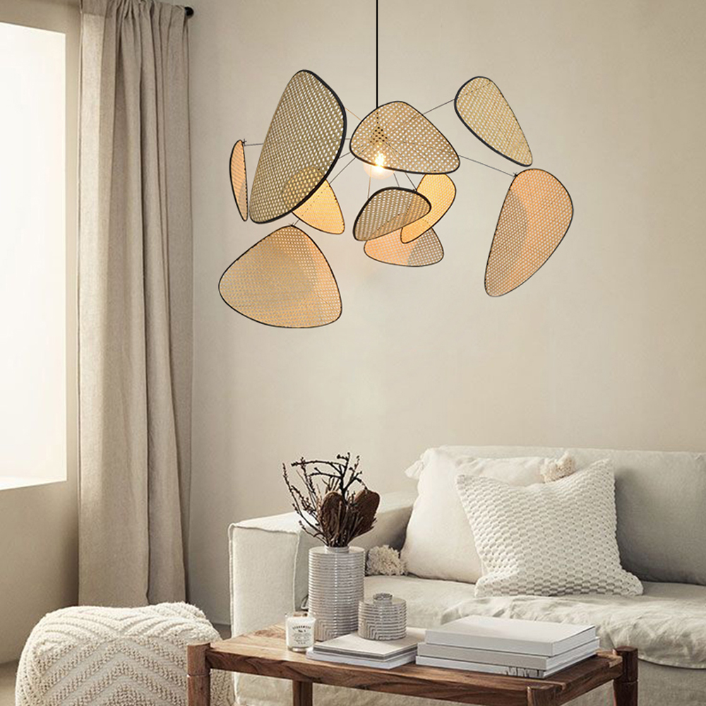 Hollow Fan Blades Combination Rattan Pendant Light Shade For Bedroom Kitchen Island