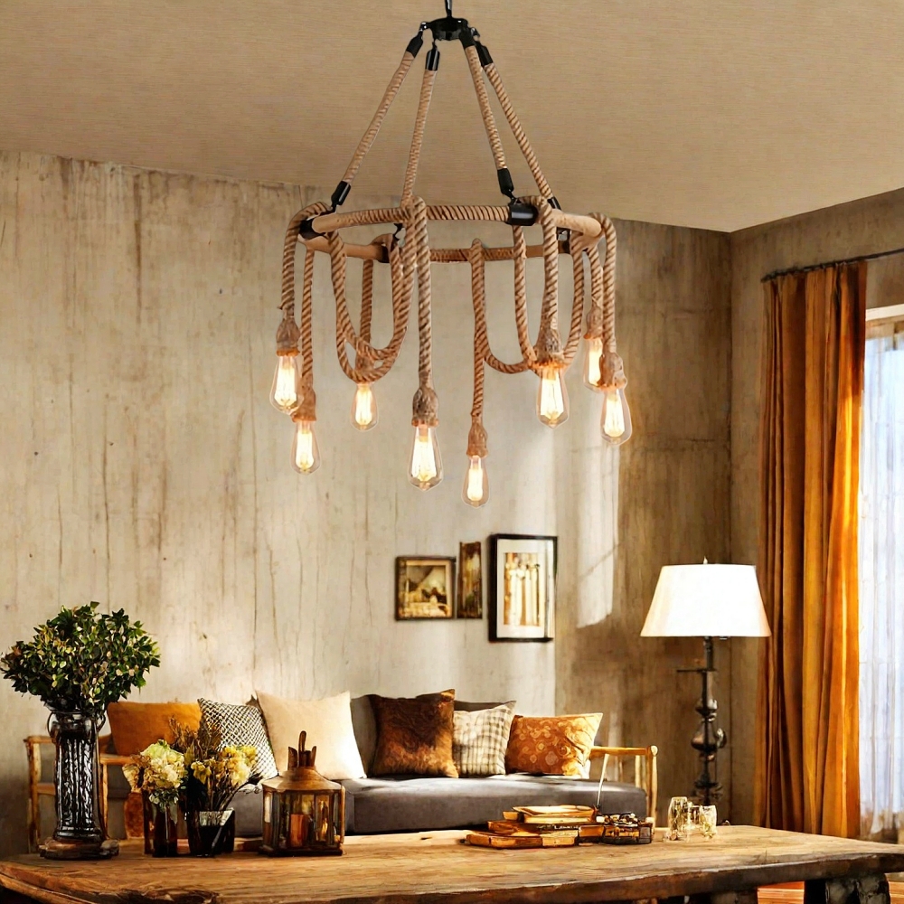 Vintage Industrial Hemp Rope Chandelier Restaurant & Coffee Shop Decor