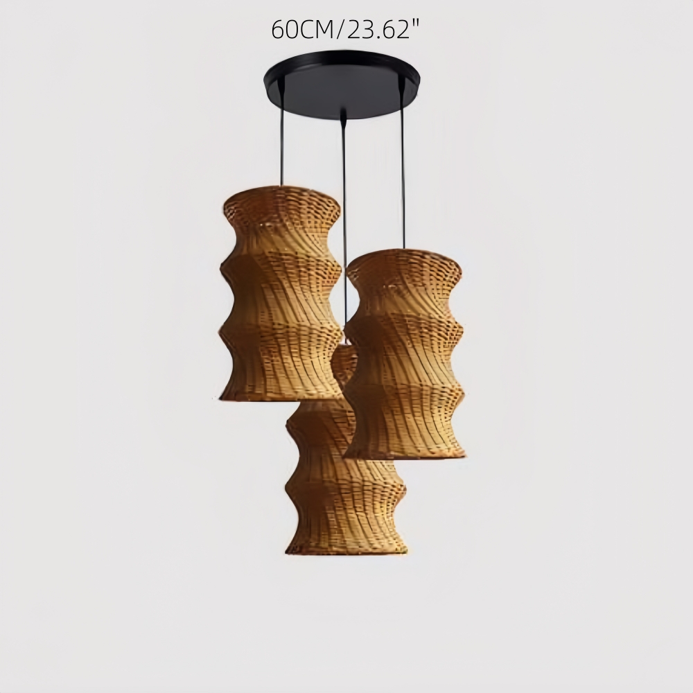 Artisanal Wabi-Sabi Rattan Wavy Column Pendant Light