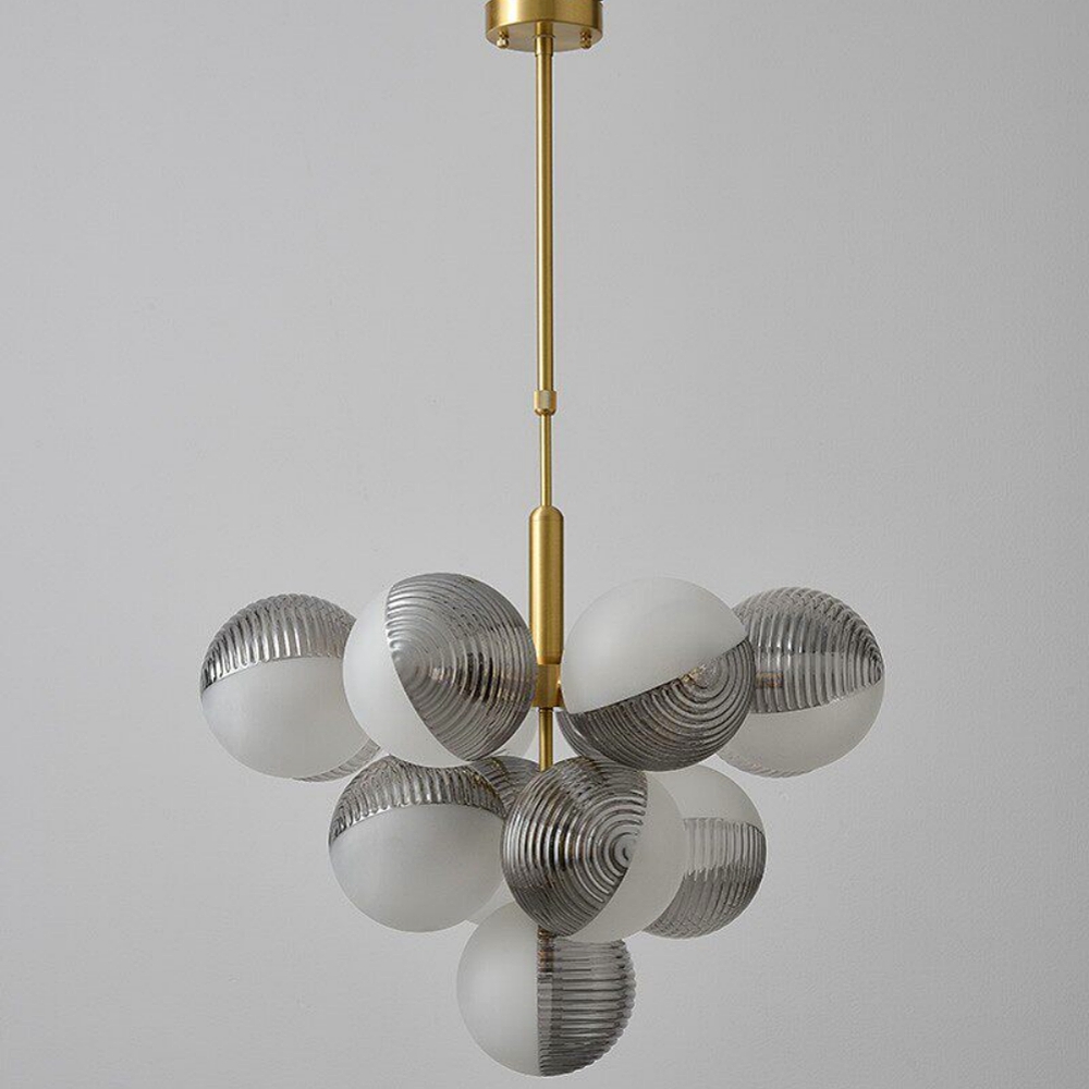 Contemporary Sculptural Ribbed Glass Globe Chandelier Brass Finish