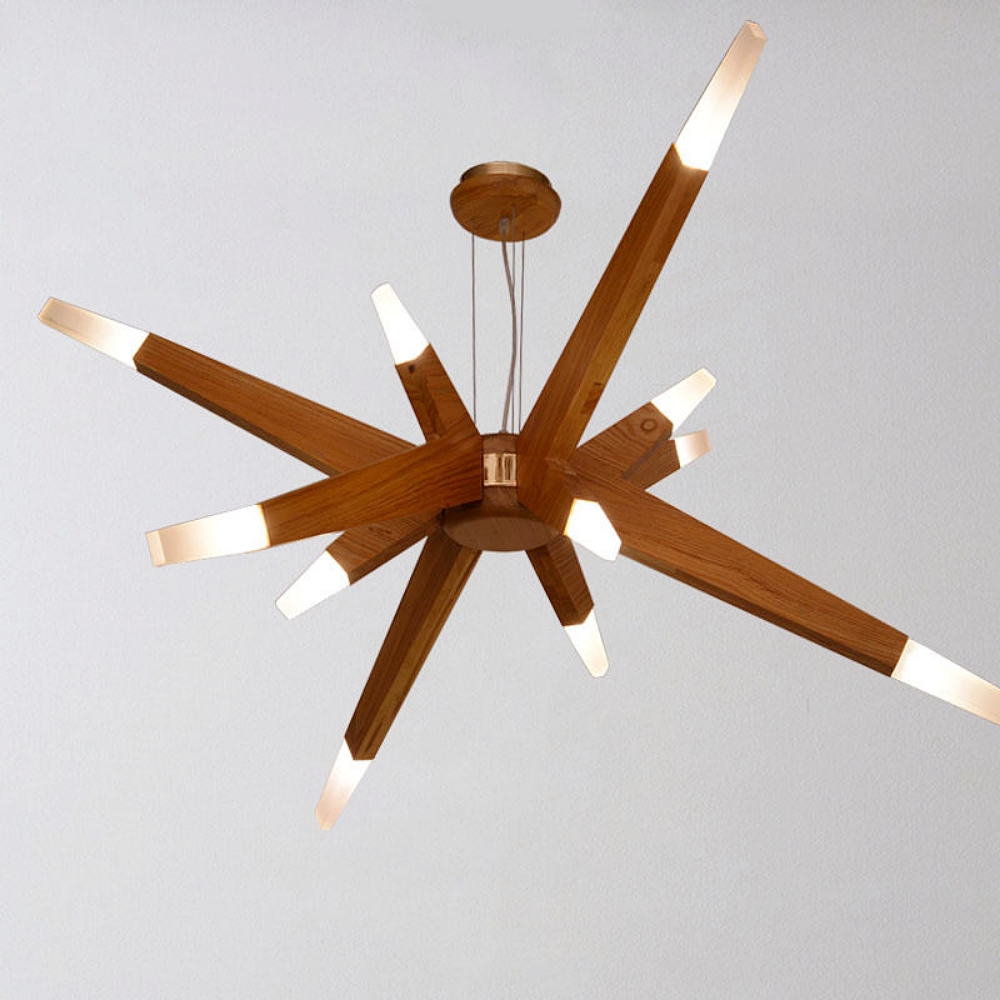 Nordic Geometric Wood Angular Star Chandelier with Frosted Light Ends