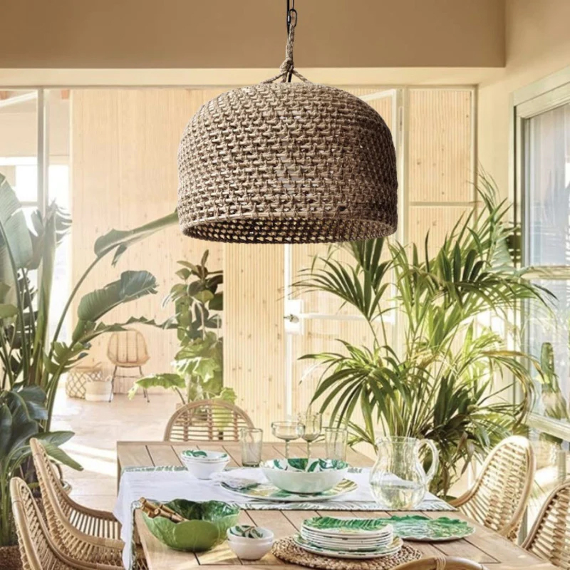 Retro Rattan Pendant Lights Kitchen Island Decor Hemp Rope Woven Lampshade