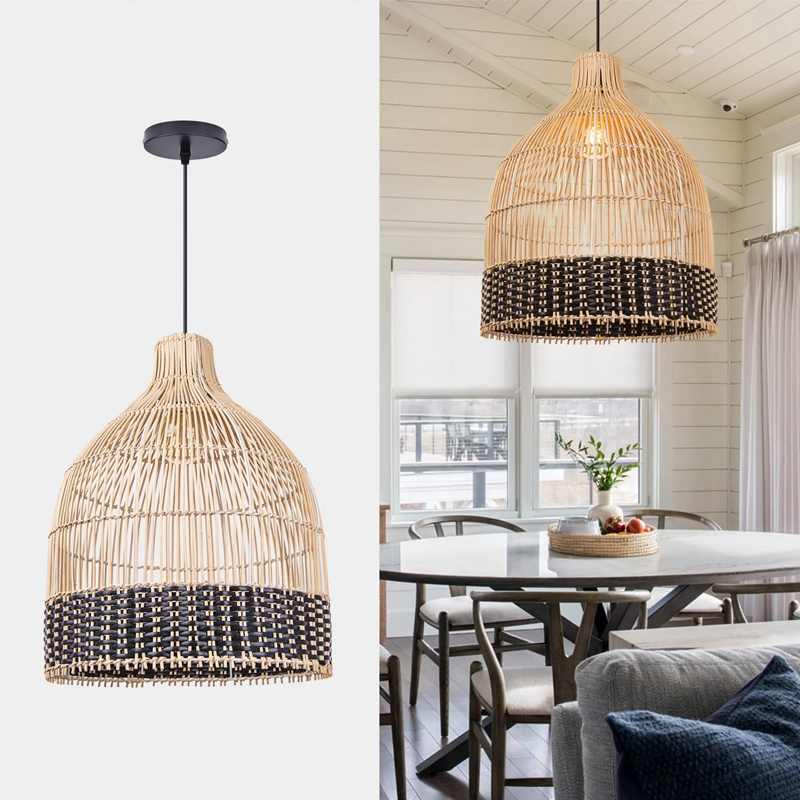 Hand Woven Black Rattan Pendant Lamp Shades Dining Room New Light Fixture