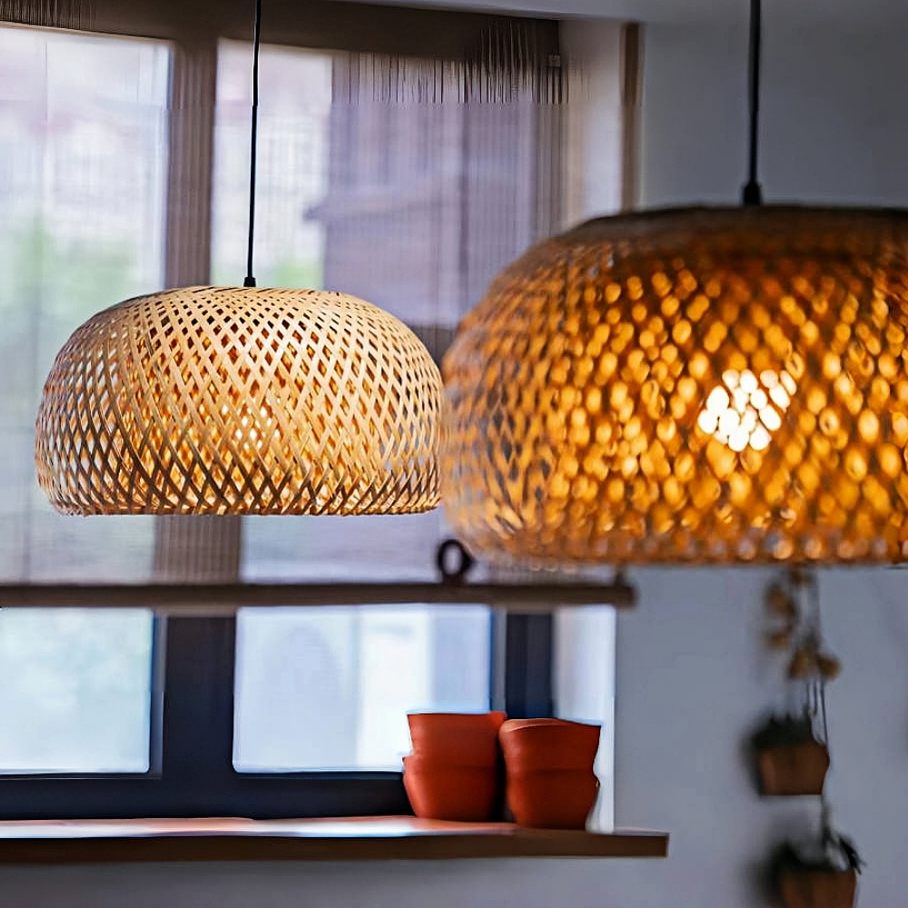 Rural Style Handmade Woven Double-Layer Bamboo Pendant Light And Ceiling Light