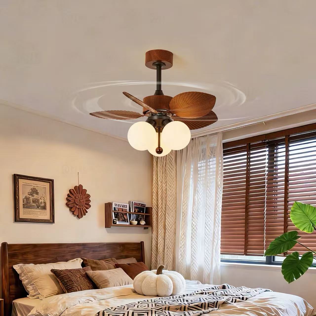 Midcentury Retro Palm Leaf Chandelier Fan Light with Wood Blades